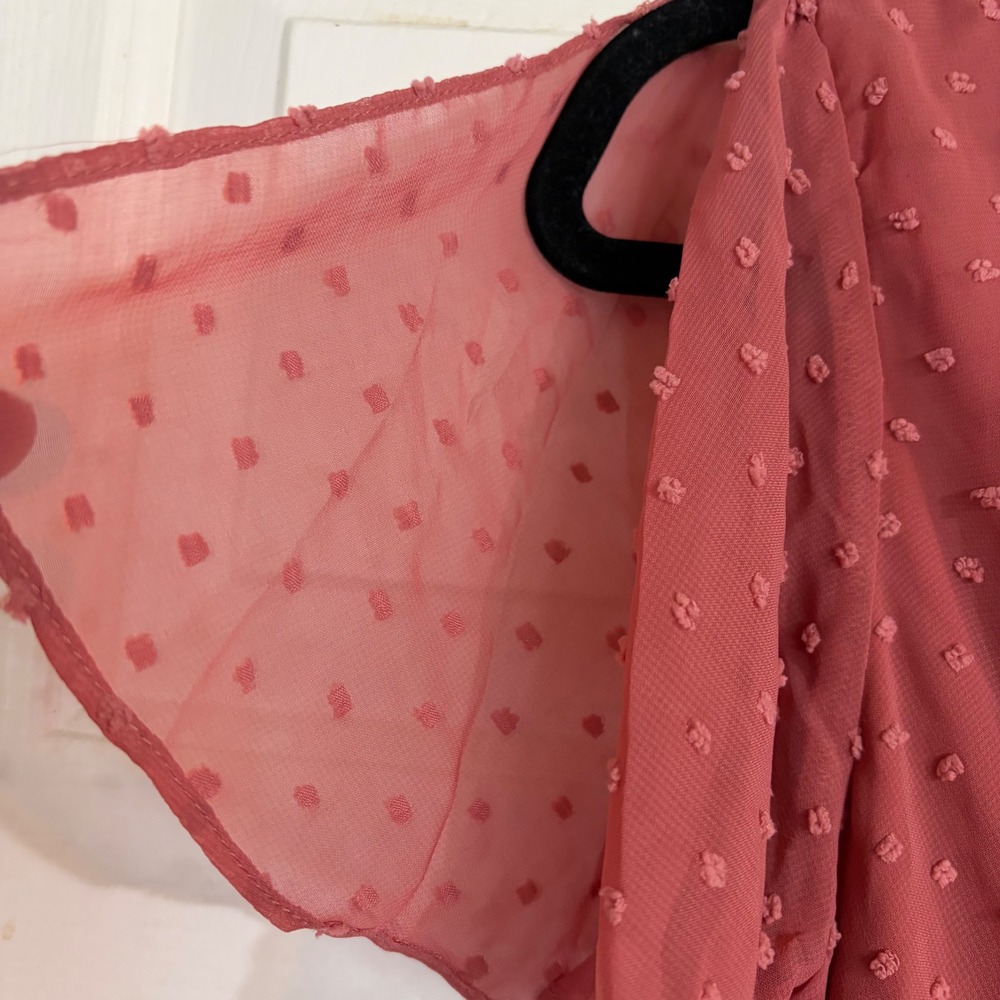 Lulus Swiss Dot Ruffle Midi Dress Women XS Rose Pink NEW Faux Wrap V-Neck Slit - Picture 8 of 9